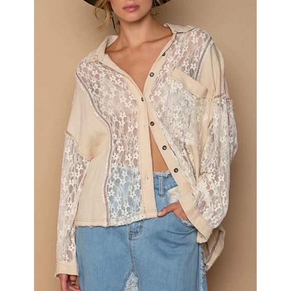 POL Tops - POL Womens Tan Lace Mixed Media Button Down Shirt Oversized Raw Hem  M